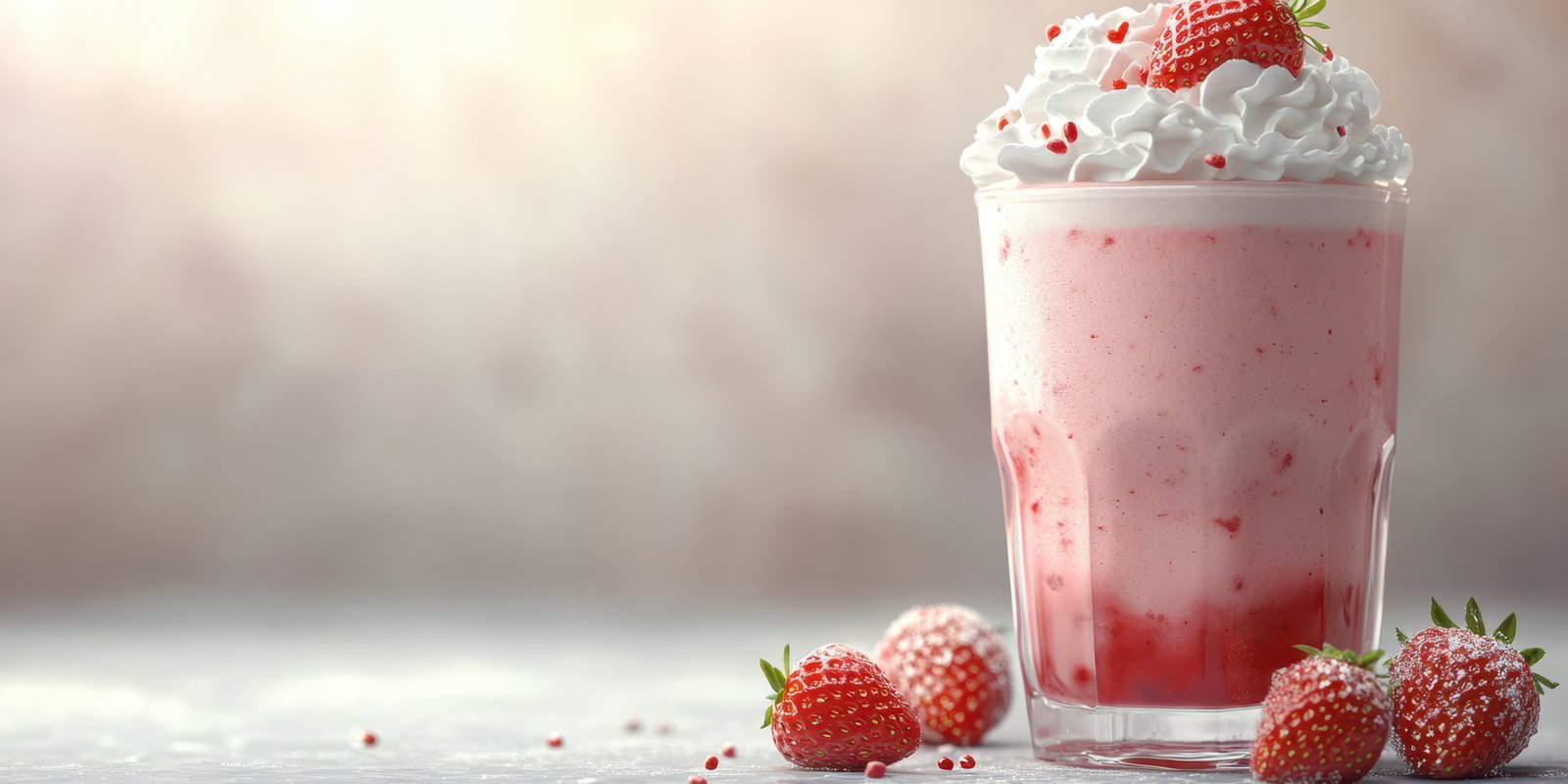 Delicious strawberry milkshake topped with whipped cream and fresh strawberries at a cafe setting